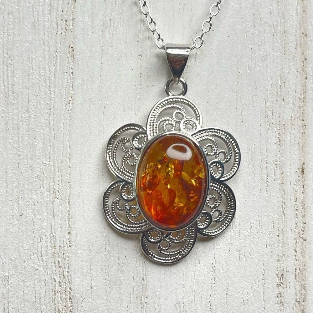 Amber pendant necklace natural crystal silver plated chain NEW